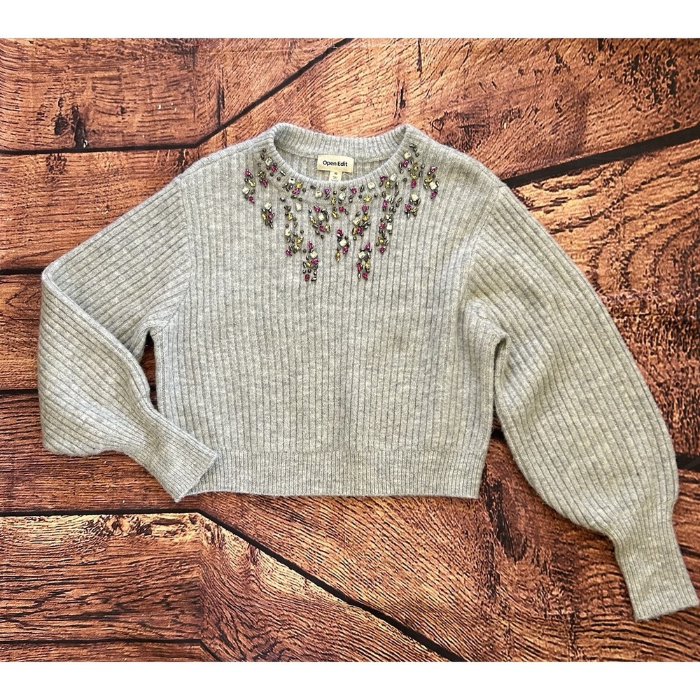 Open Edit‎ Embellished Gray Sweater Women's XS Crew Neck Knit Top